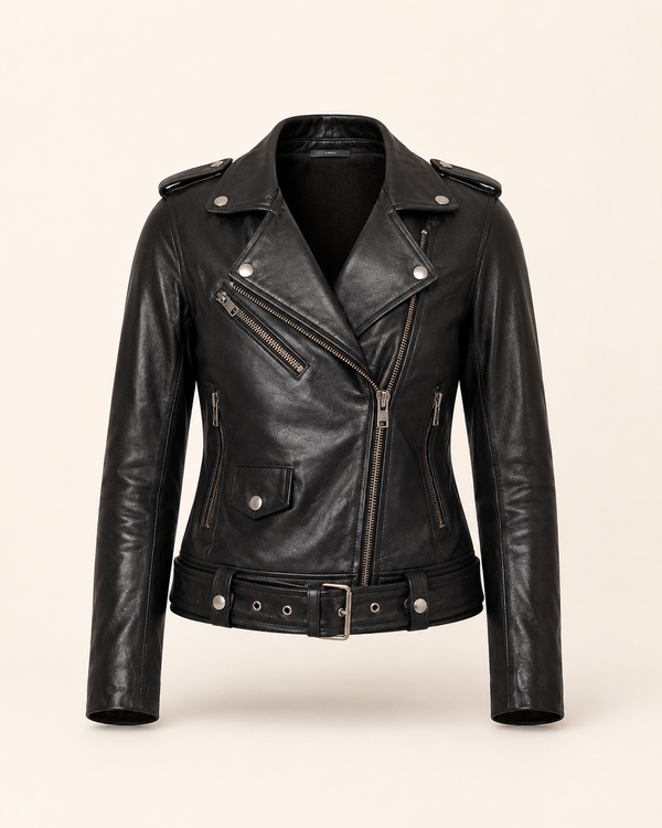 Alison — women's black leather biker jacket, front view | Kordovan Pakistan