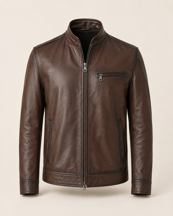 Alonzo — men's brown sheepskin leather jacket, front view | Kordovan Pakistan