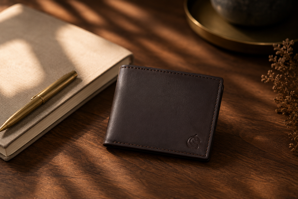 Brown Aristocrat slim wallet on a walnut desk — understated everyday carry by Kordovan