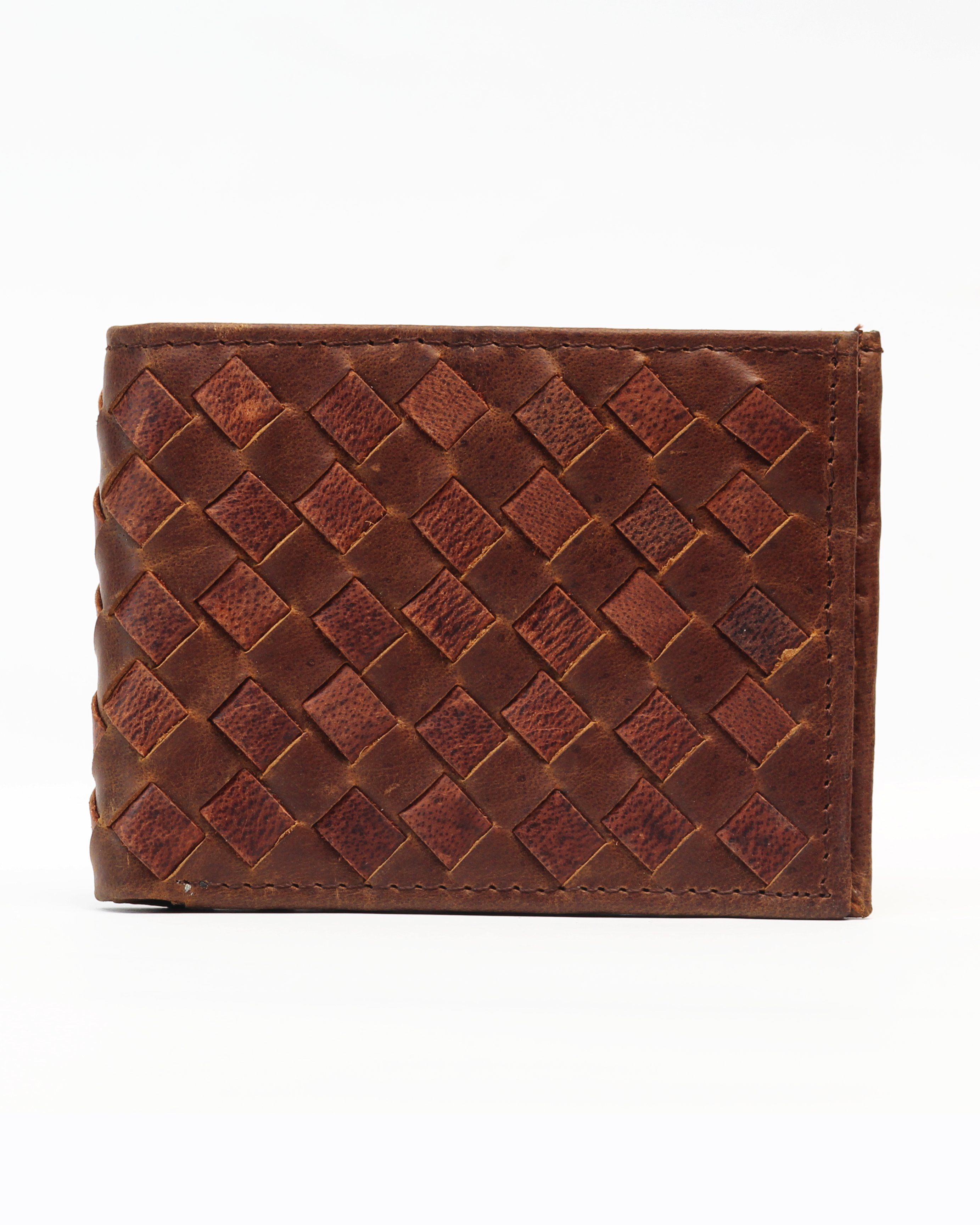 A brown, distressed leather bi-fold wallet with a woven pattern on the exterior.