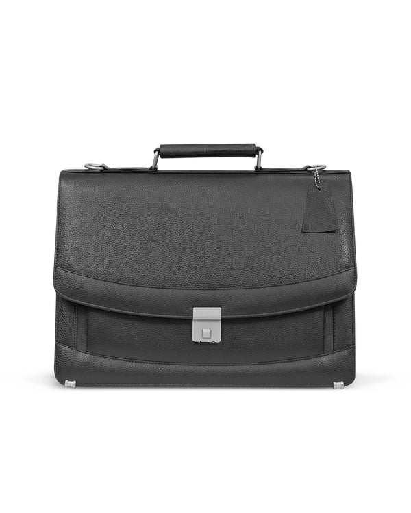 A black leather office bag with a zipper closure and a handle on top.