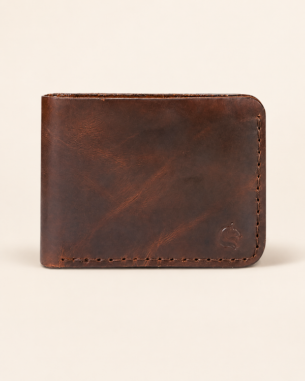 Bronco bifold wallet in waxed Crazy Horse leather — front view | Kordovan Pakistan