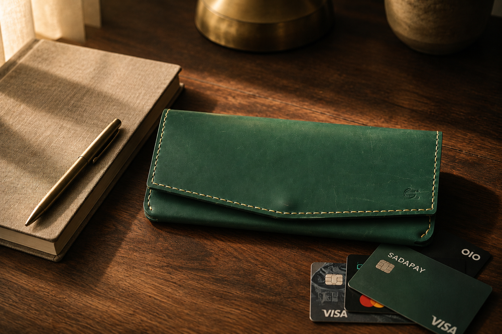 Green Cleopatra ladies wallet styled on a marble surface — Kordovan leather goods