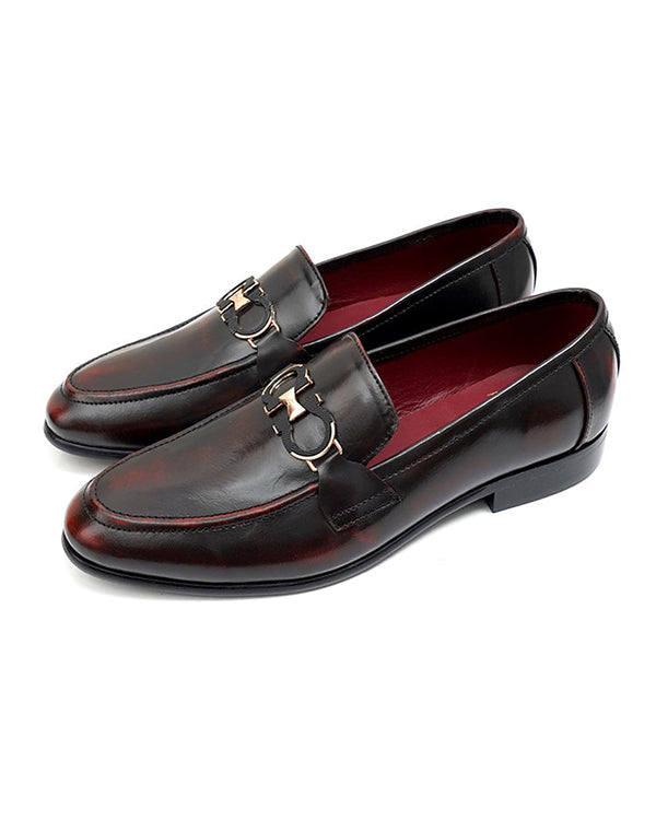 A pair of OMEGA Ruboff Loafers with a dark brown, polished cow leather upper and a plush red inner lining.