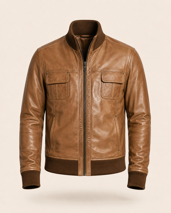Desert Voyager — men's brown sheepskin leather bomber jacket, front view | Kordovan Pakistan