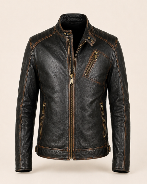 Durham Waxed | Men's Black Leather Biker Jacket with Brown Accents