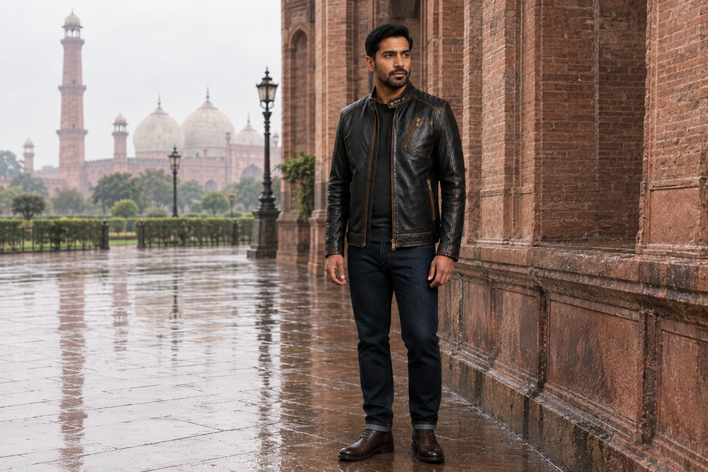 Durham Waxed — men's black waxed leather jacket with brown accents, full-length styled view | Kordovan Pakistan