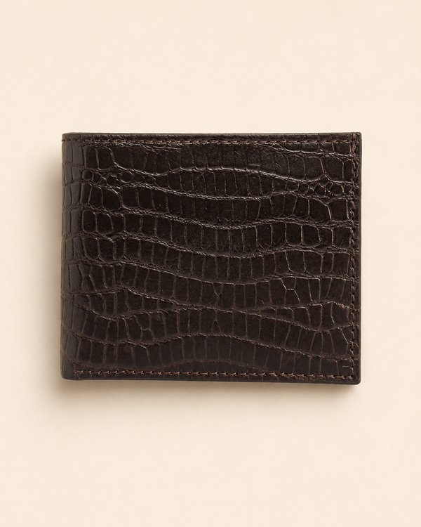 The Gator croc-texture bifold wallet in brown leather — front view | Kordovan Pakistan