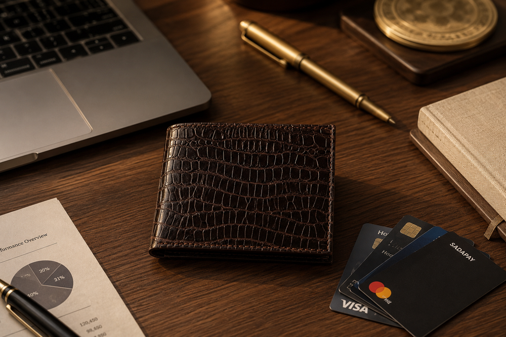 Brown Gator crocodile-texture wallet on a walnut desk — Kordovan leather bifold