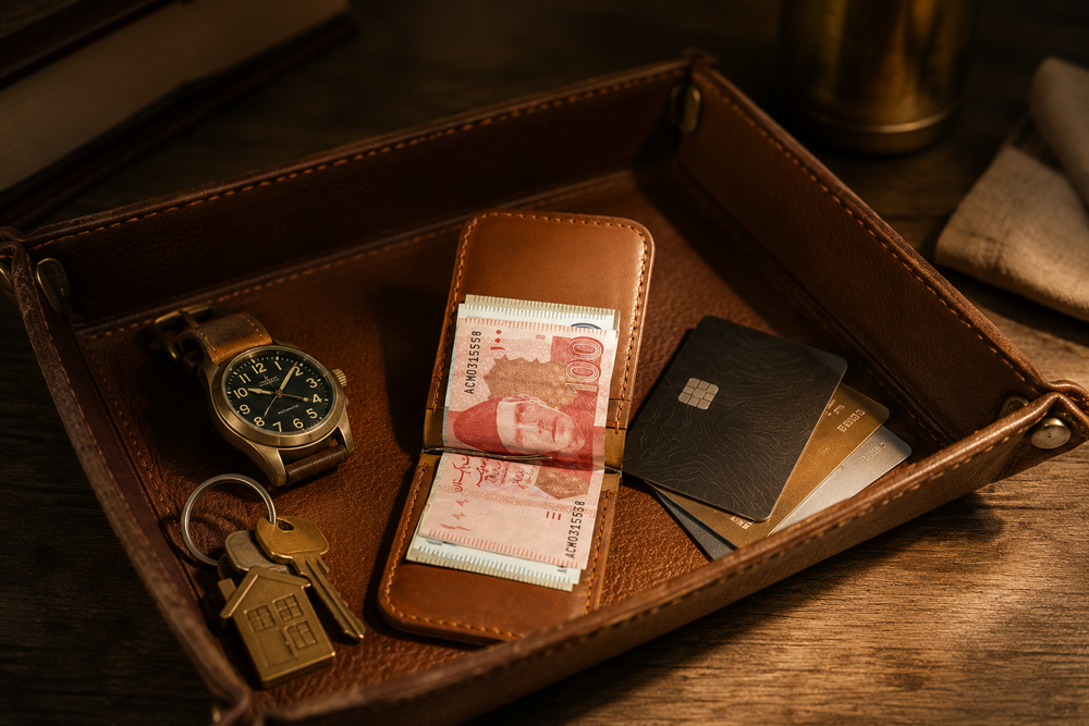 Brown HM The Lord's money-clip wallet styled on a walnut desk — Kordovan