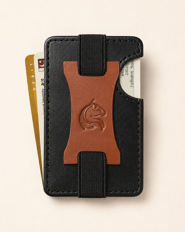 The Razor RFID smart wallet in black and brown leather — front view | Kordovan Pakistan