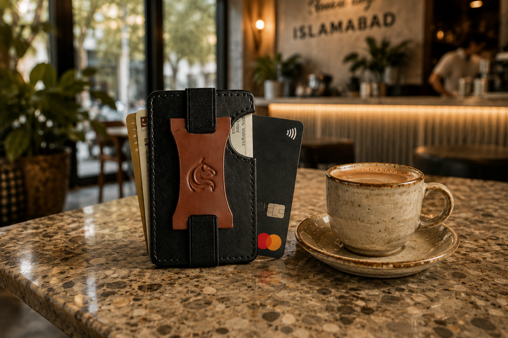 Black and brown Razor RFID wallet on a desk — Kordovan smart wallet
