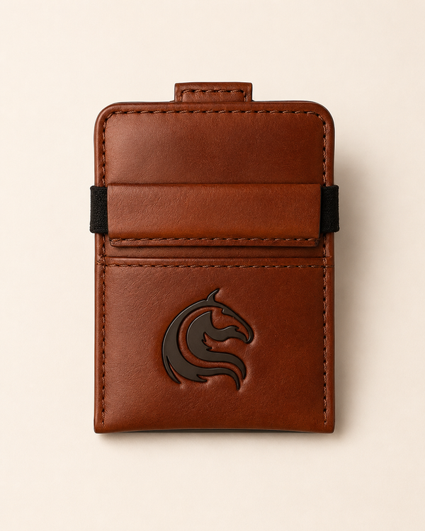 Kodo Vertical 2.0 RFID smart wallet in brown top-grain leather — front view | Kordovan Pakistan