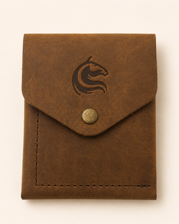 The Luke minimalist vertical wallet in full-grain leather — front view | Kordovan Pakistan