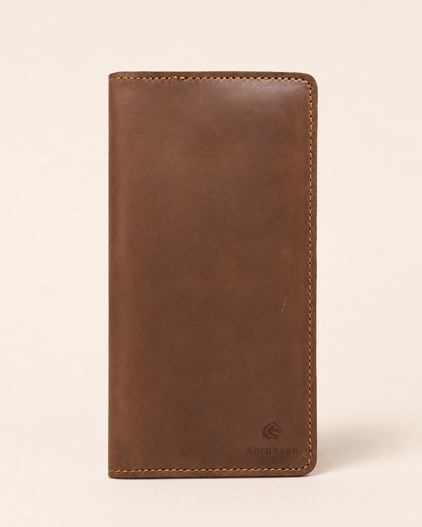 Crazy Horse long wallet in light brown leather — front view | Kordovan Pakistan