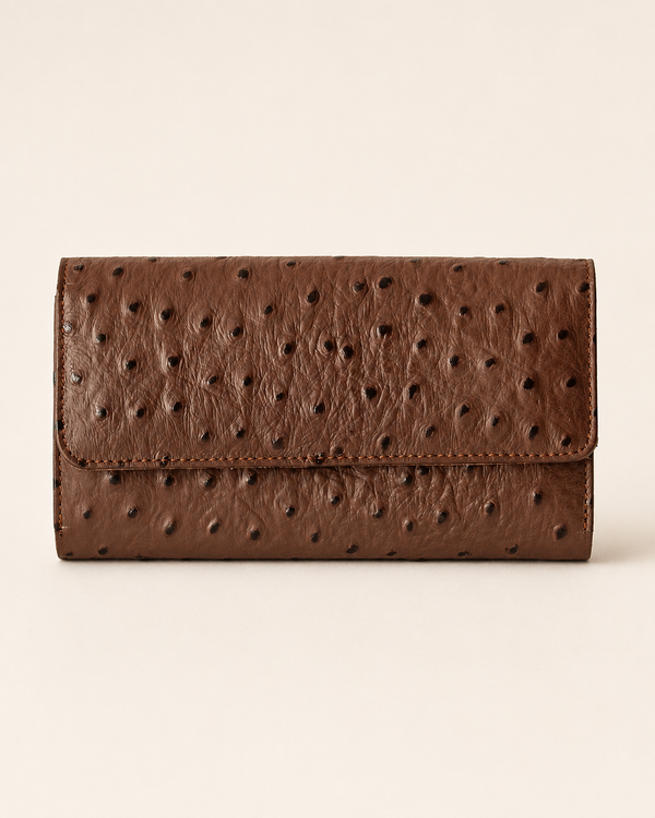 Luxurious ladies clutch wallet in chocolate brown ostrich-pattern leather — front view | Kordovan Pakistan