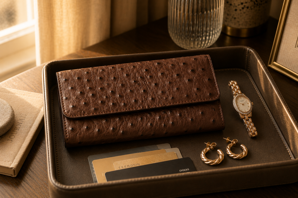 Chocolate brown ladies clutch wallet styled on a marble surface — Kordovan