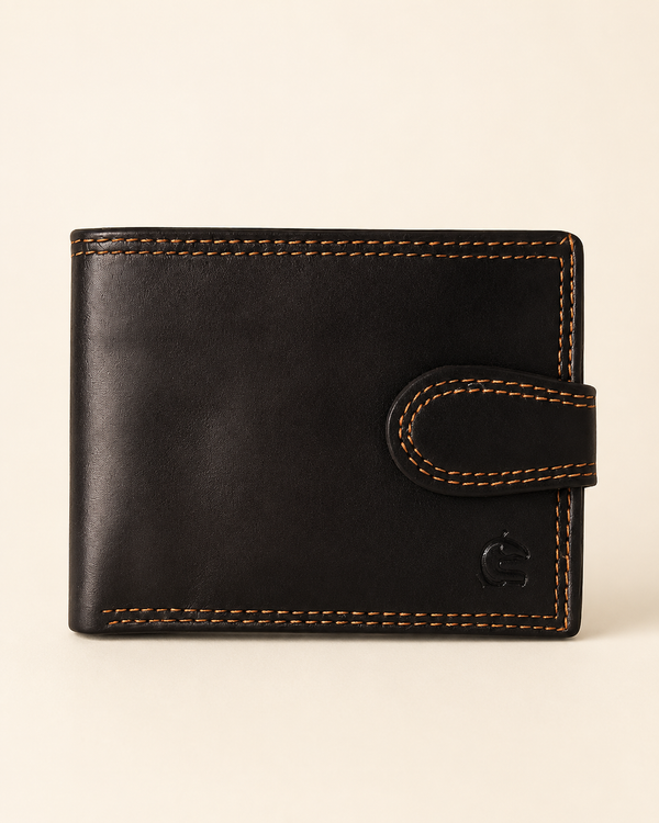 Midtown Lite slim wallet in black sheep leather — front view with snap button | Kordovan Pakistan
