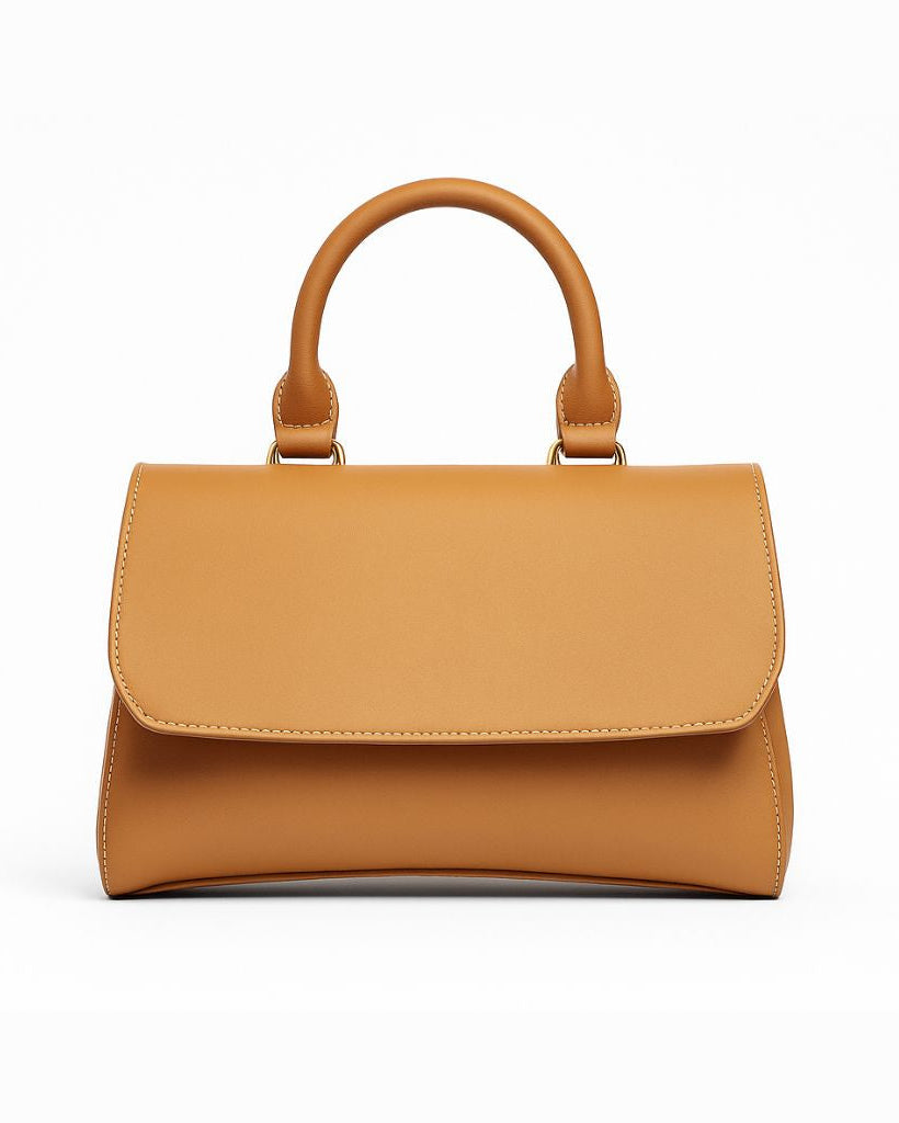 Tan handbag with a handle on a white background