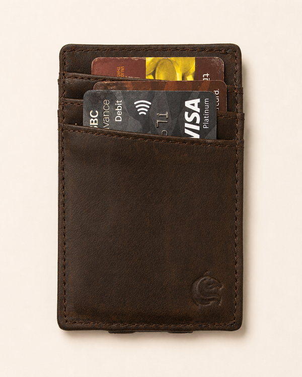 The Money Clip minimal wallet in crazy horse leather — front view | Kordovan Pakistan