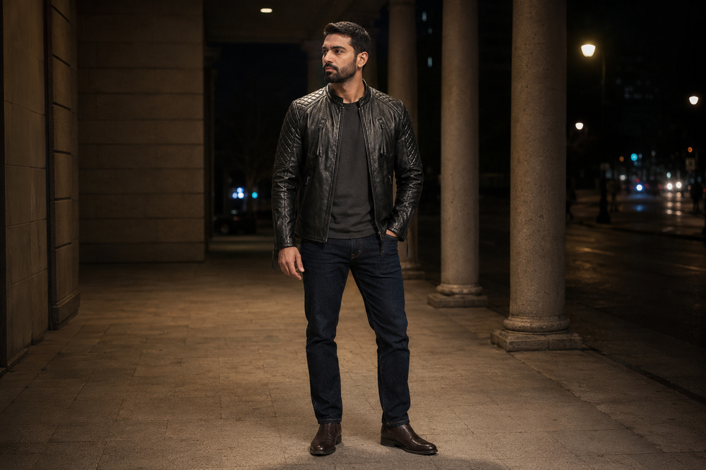 Nightfall — men's black diamond quilted leather jacket, full-length styled view | Kordovan Pakistan
