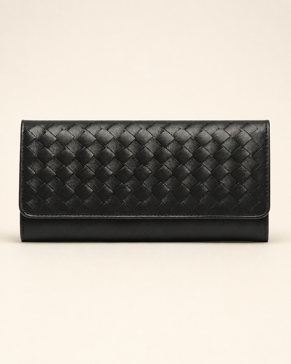 The Nova handwoven leather clutch wallet in black — front view | Kordovan Pakistan
