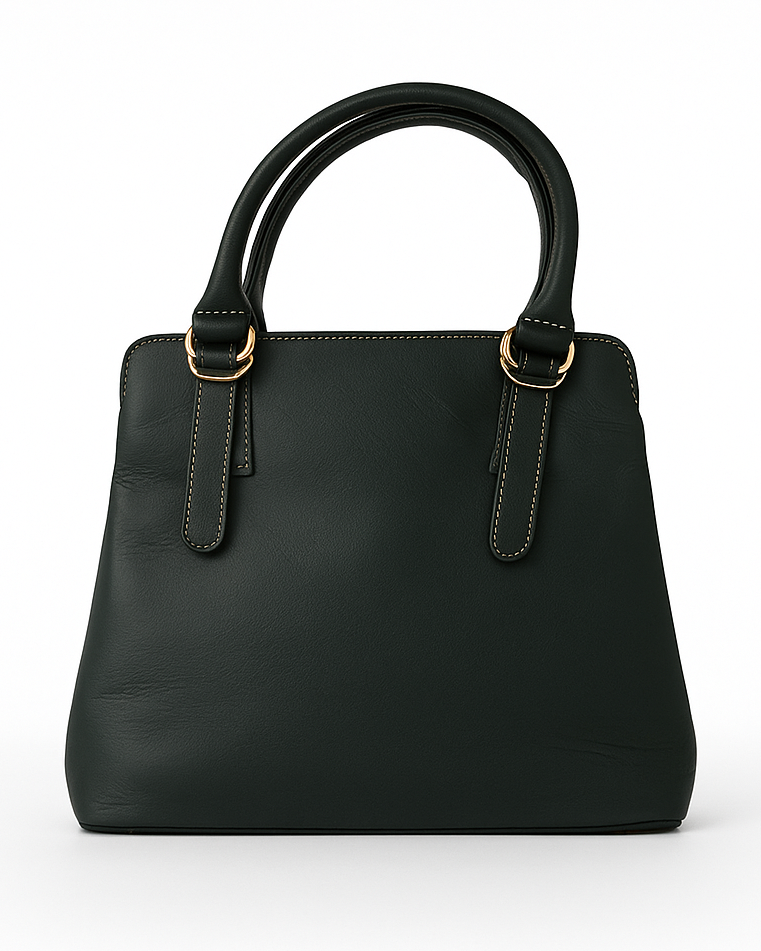 Black handbag with gold accents on a white background