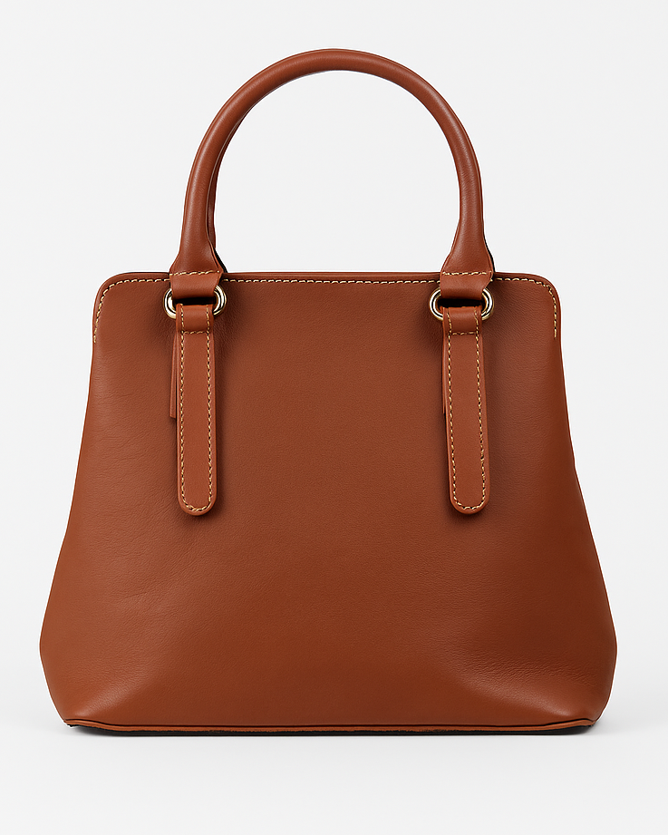 Brown leather handbag on a white background