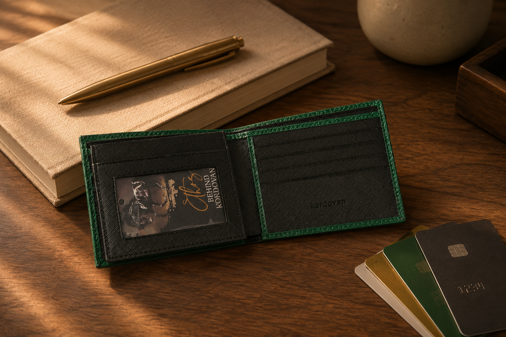 Emerald green saffiano wallet on a marble table — quiet luxury by Kordovan