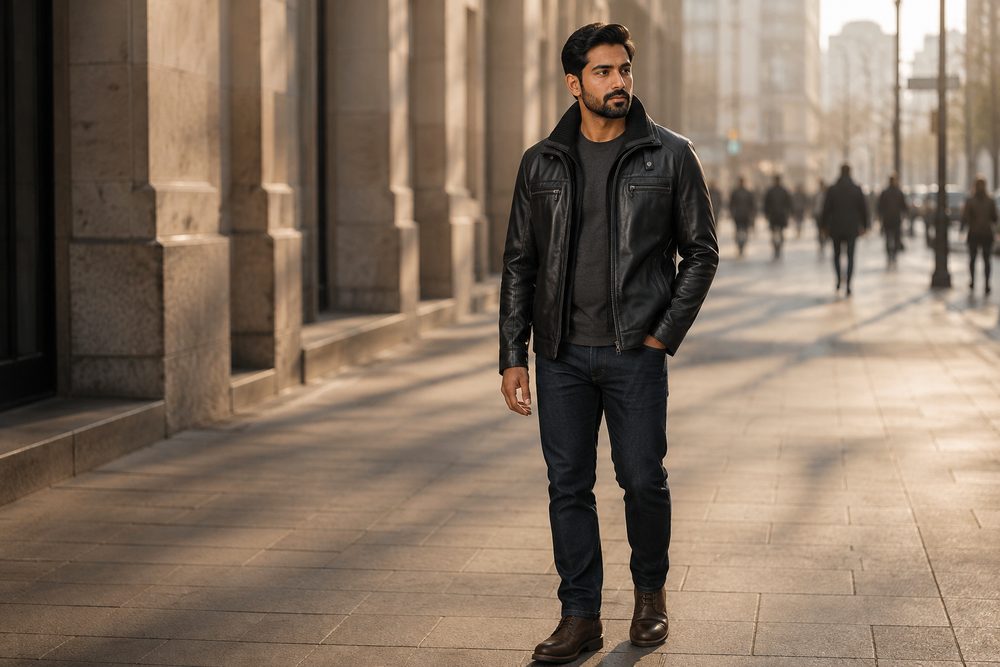 Reacher — men's black ribbed-collar leather jacket, full-length styled view | Kordovan Pakistan