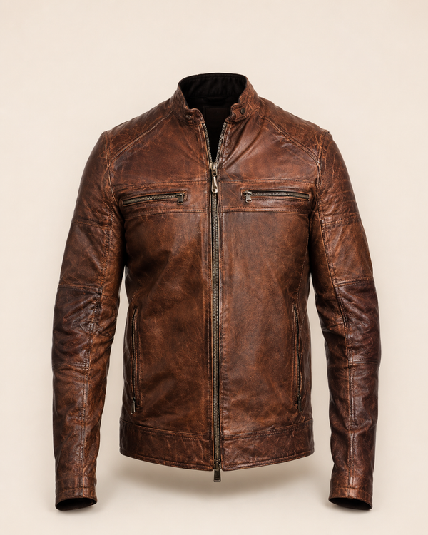 Rebel | Men's Brown Cafe Racer Sheepskin Leather Jacket