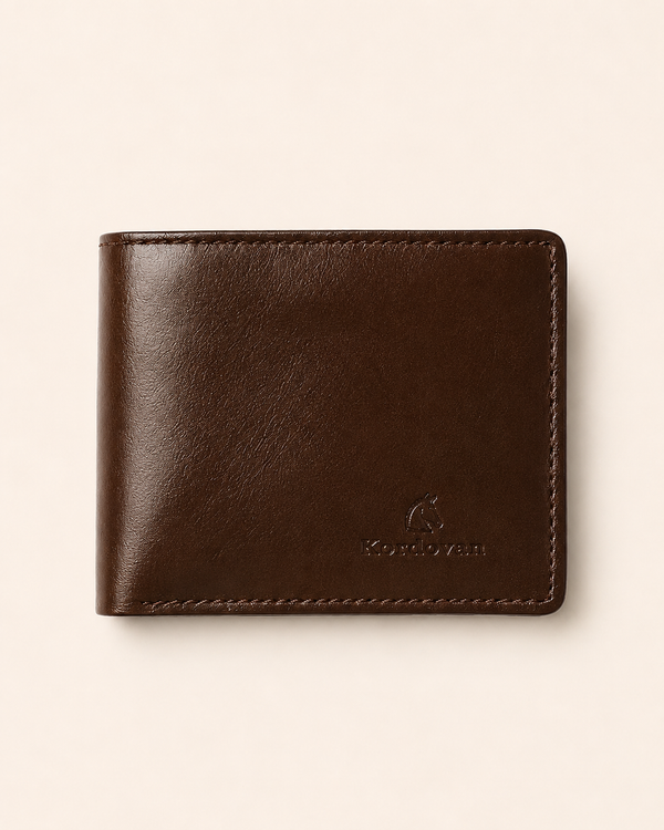Rigor Lite slim wallet in brown sheep leather — front view | Kordovan Pakistan