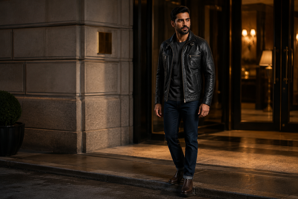 Rockafella — men's black sheepskin leather jacket, full-length styled view | Kordovan Pakistan