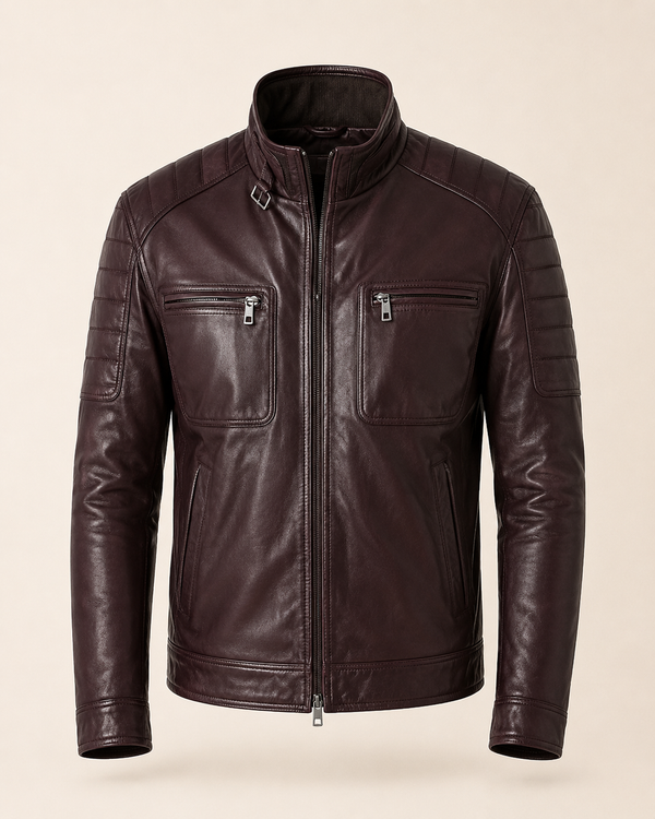 Rodriguez — men's claret quilted leather jacket, front view | Kordovan Pakistan