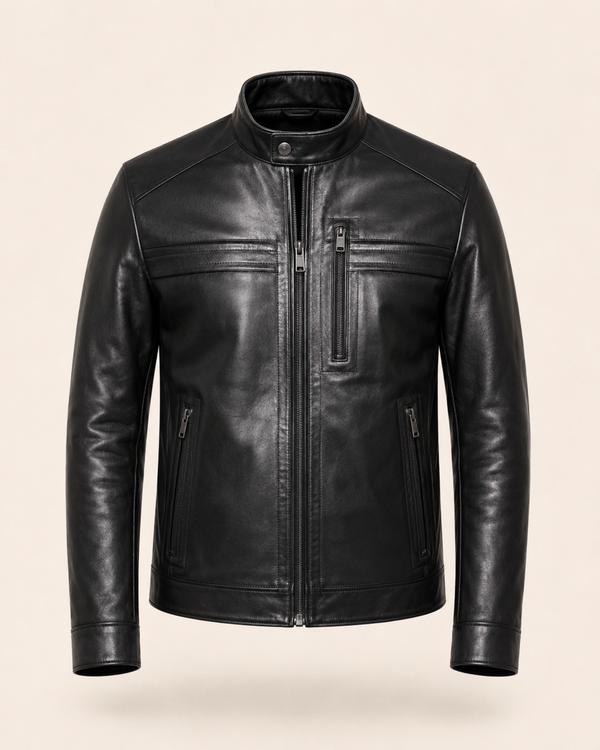 Sheppard — men's black cafe racer leather jacket, front view | Kordovan Pakistan
