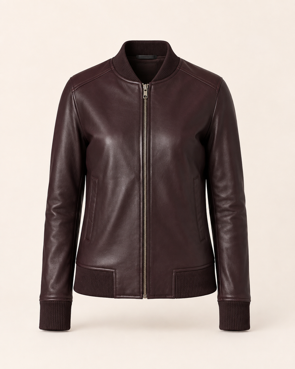 Sinclair — women's maroon leather bomber jacket, front view | Kordovan Pakistan
