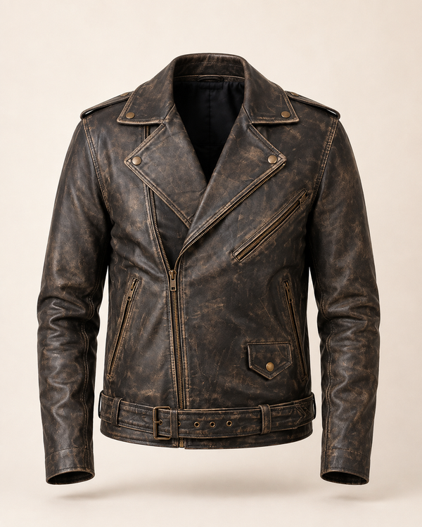 The Allaric Alley | Vintage Distressed Brown Leather Biker Jacket