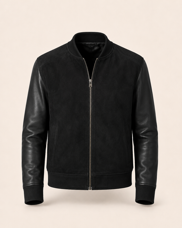 The Apex | Men's Black Plain Suede Hybrid Bomber Jacket
