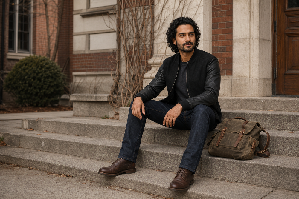 The Apex — men's black suede hybrid bomber jacket, full-length styled view | Kordovan Pakistan