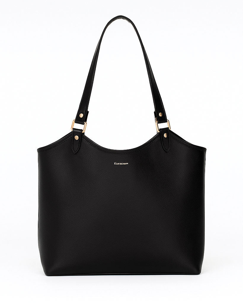 Black handbag with a visible brand name on a white background