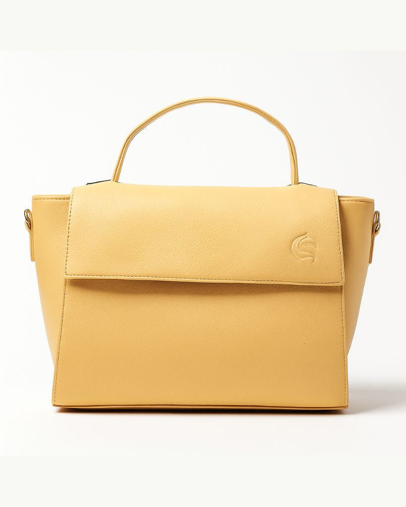 Yellow handbag with a brand logo on a white background