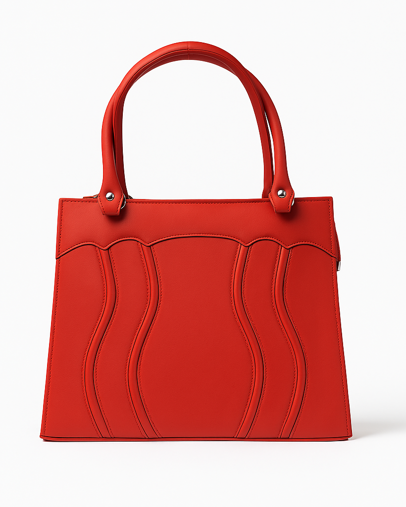 Red handbag with wavy design on a white background