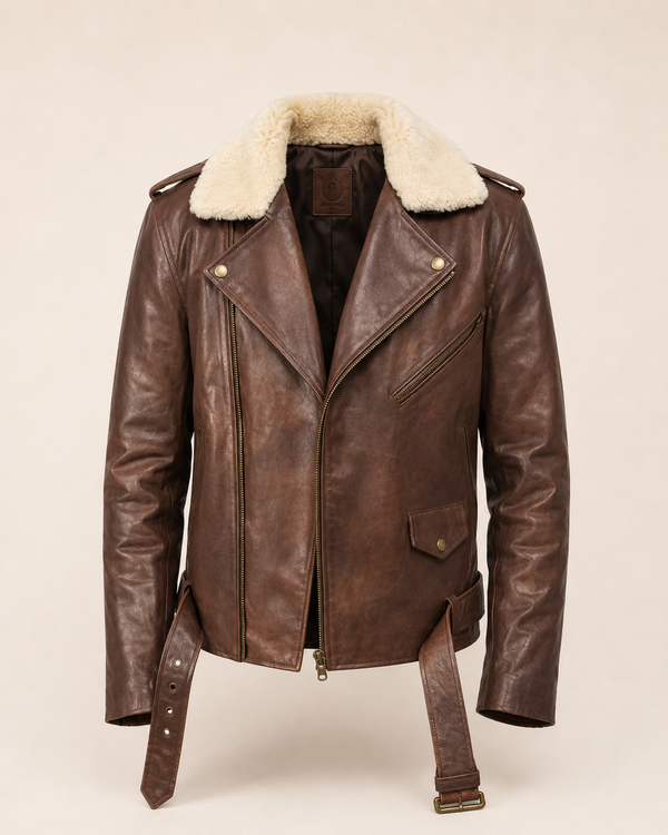 Urban Rider | Men's Brown Fur Collar Leather Biker Jacket