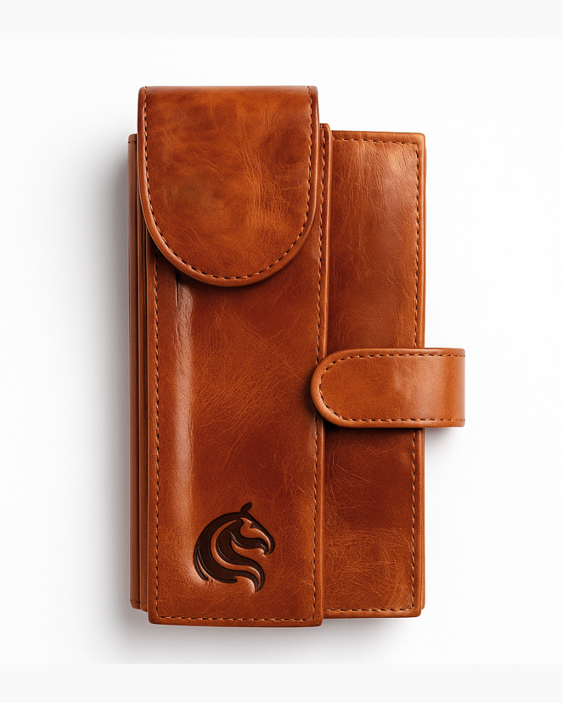 Brown leather phone case with a brand logo on a white background