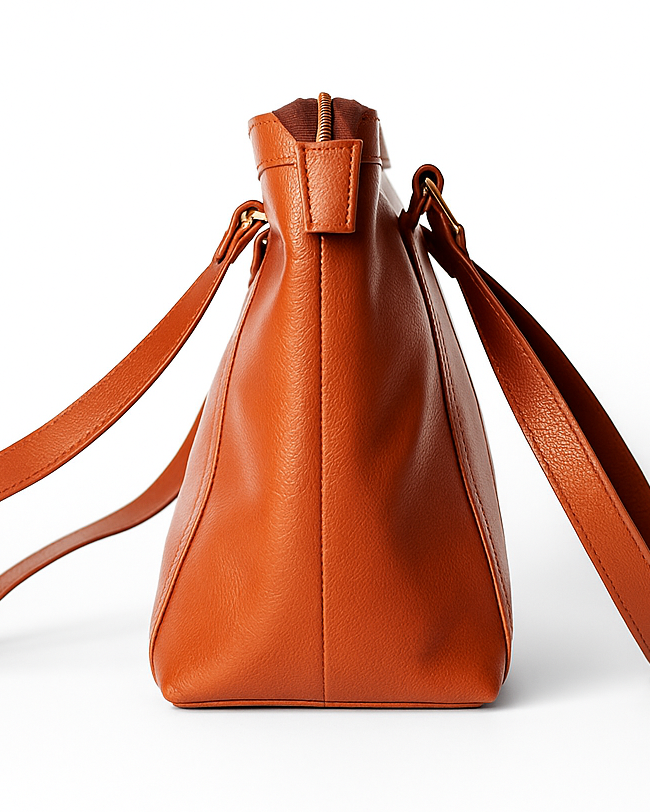 Tan leather handbag with a strap on a white background