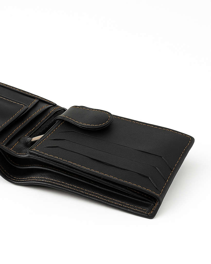 Black leather wallet open on a white background