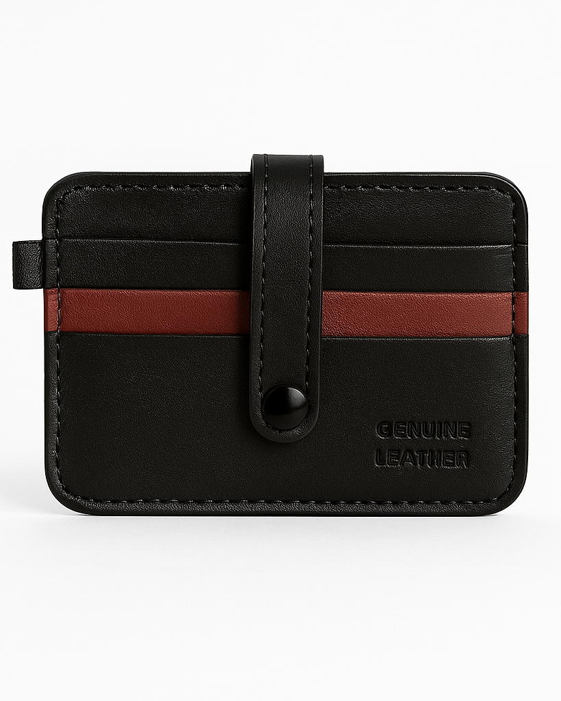 Black leather wallet with a red stripe on a white background