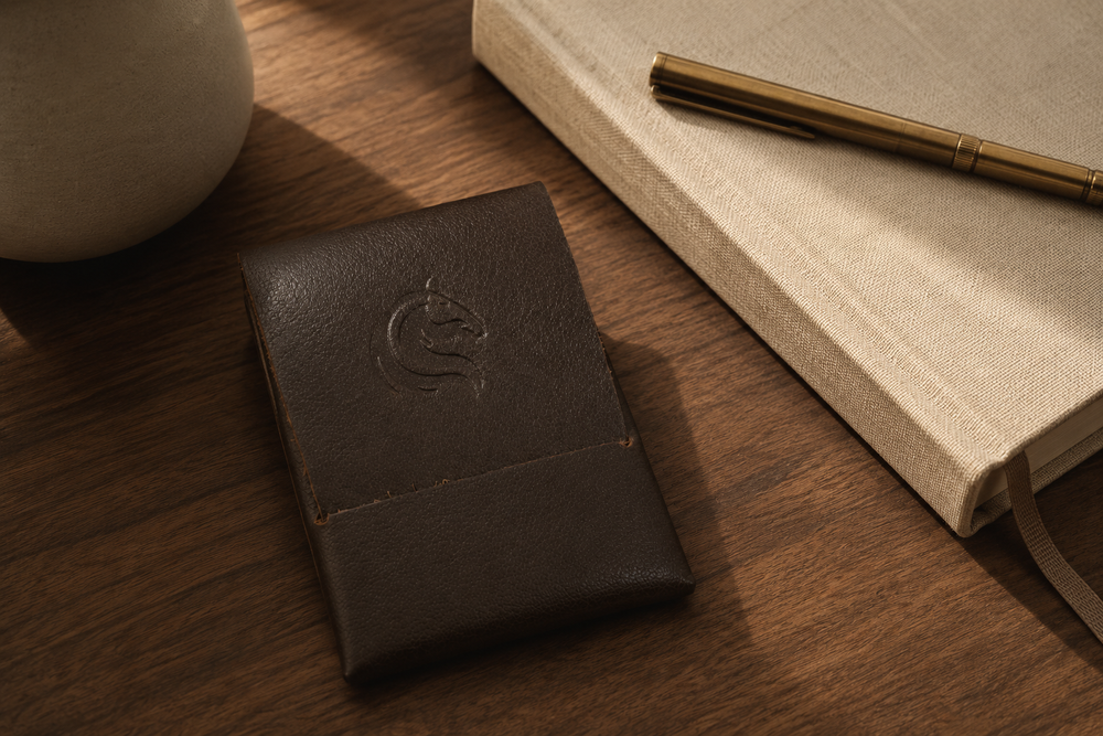 Brown Seamless stitch-less card wallet on a desk — Kordovan