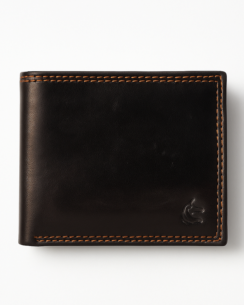 Black leather wallet with stitching detail on a white background