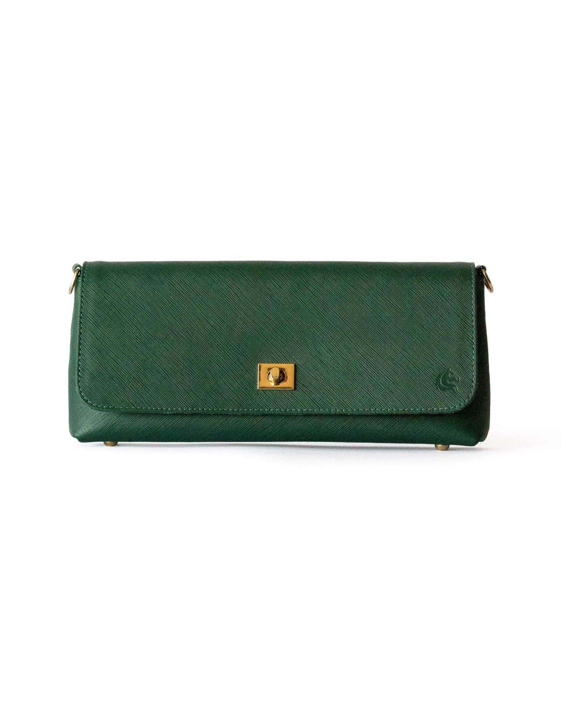 A green Saffiano leather clutch with a metal chain shoulder strap, displayed against a plain background.